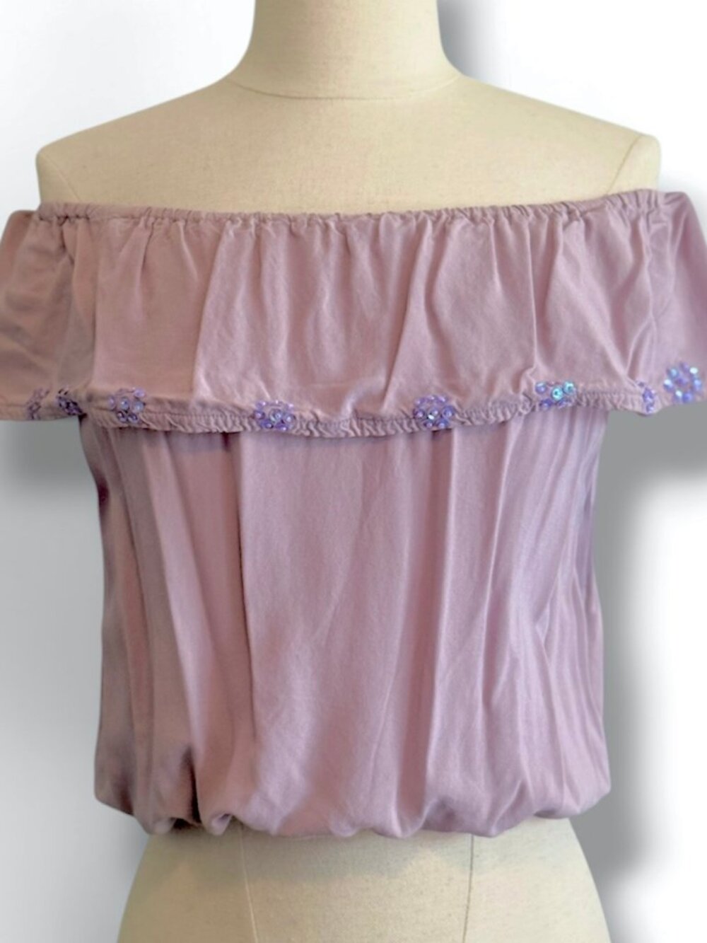 Guess Lavender Upcycled Off Shoulder Sequin Ruffle Bubble Hem Crop Top Small